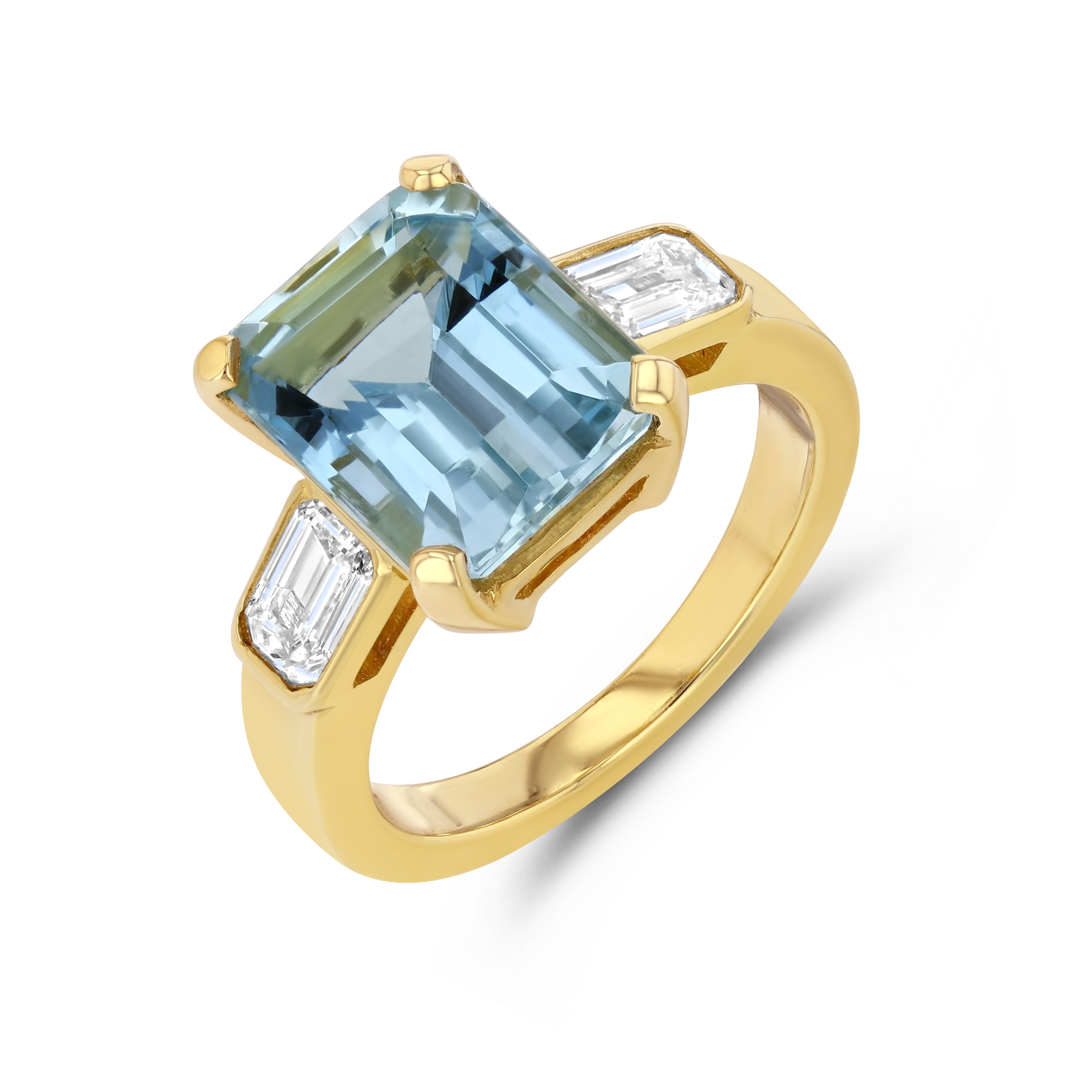 Emerald cut aquamarine with three shipping small diamonds in a triangle shape March birth