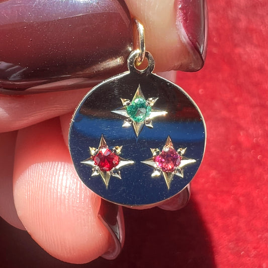 Birthstone Compass Charm 3 Stones - Emerald, Ruby, Pink Tourmaline